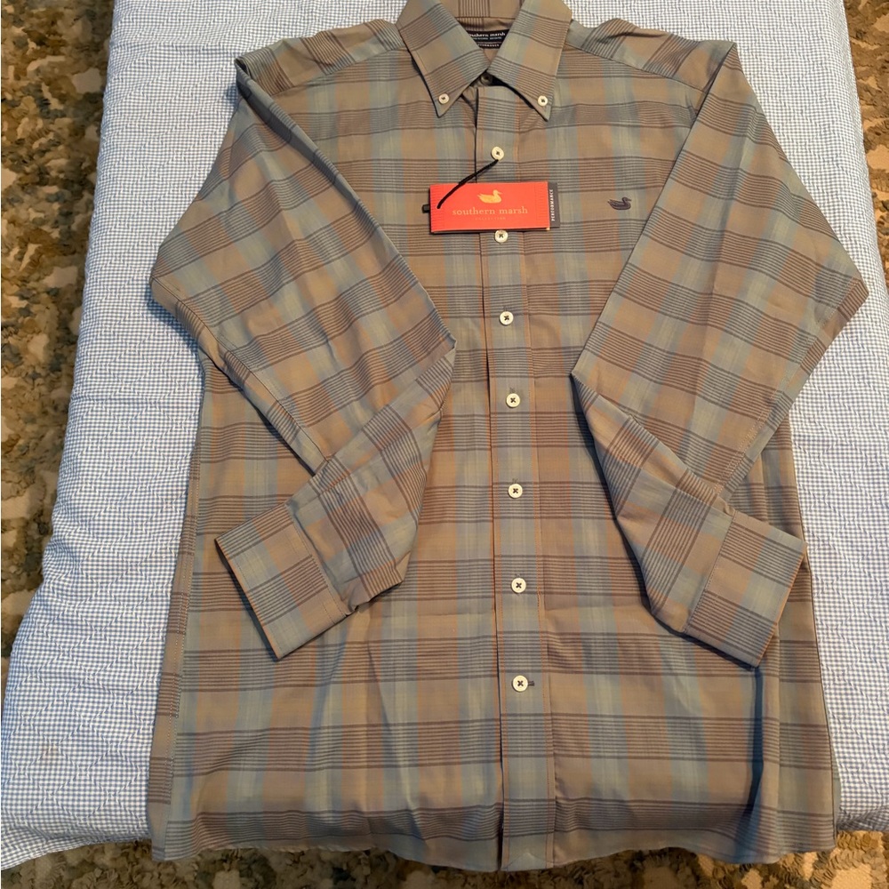 Southern Marsh Men's Casual Plaid Shirt - Tan and Blue